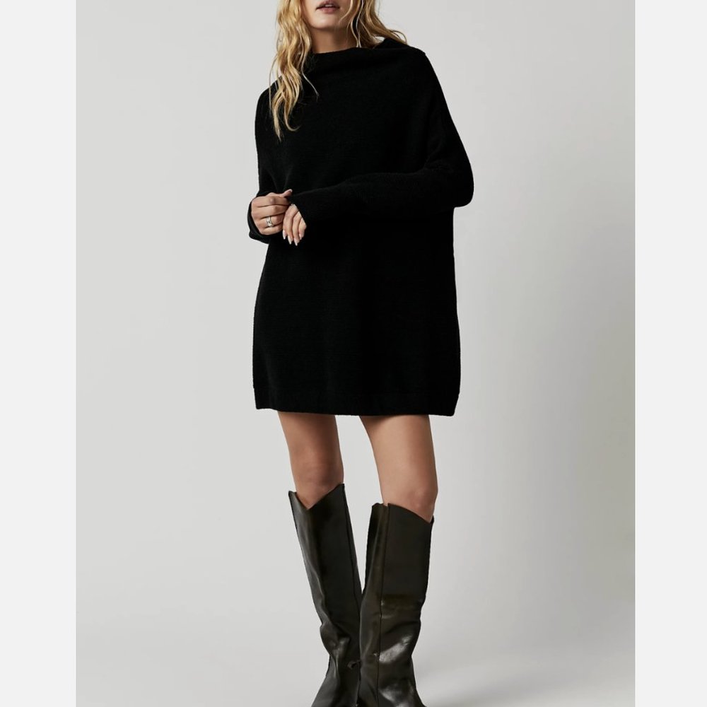 Free People Black Oversized Cowl Neck Sweater Tunic Dress